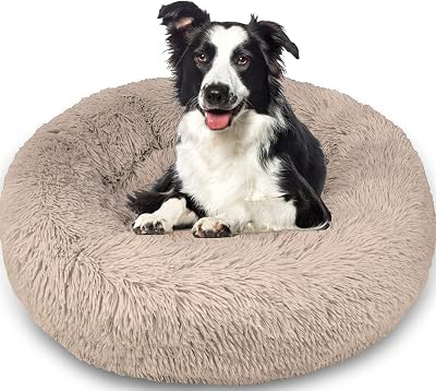 Enjamoy Plush Donut Dog Bed Calming Round Pet Bed 80cm Brown