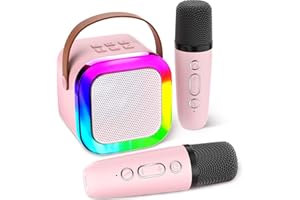 Aplsinvivi Mini Karaoke Machine Speaker for Kids, Toys for Girls Boys Friends Age 3-12+, Birthday Gifts Portable Bluetooth Speaker with Wireless Mics for 5 6 7 8 9 10 11 Years Teens Girl Boys, Pink