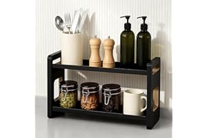 SEICASAYA Wood and Metal Spice Rack and Bathroom Organizer Tiered Standing Shelf for Pantry with Anti-Fall Design (Black 2 Ti