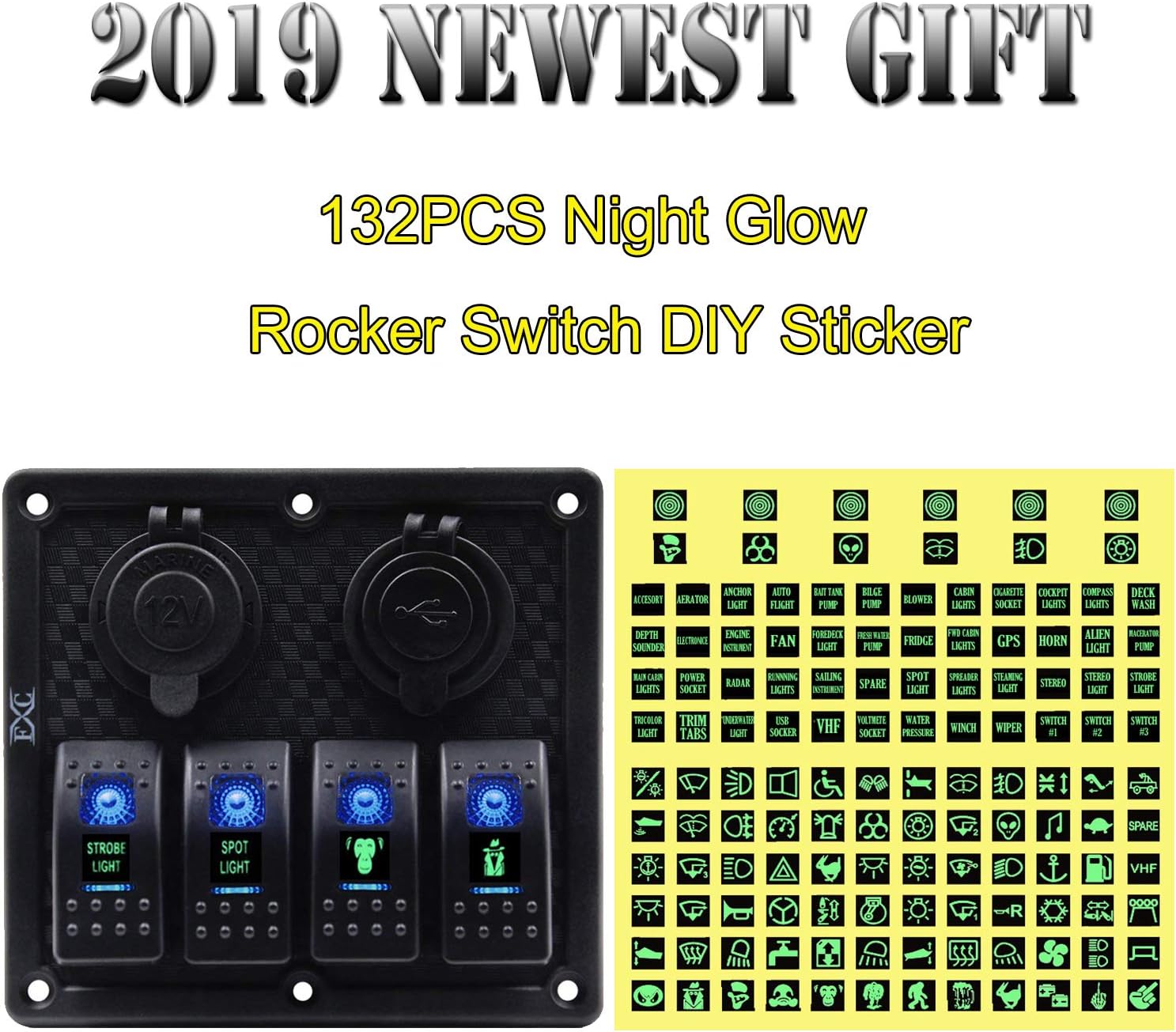 FXC Waterproof Marine Boat Rocker Switch Panel 4 Gang with Dual USB Slot Socket + Cigarette Lighter LED Light for Car Rv Vehicles Truck (4 Gang Blue Light) : Sports & Outdoors