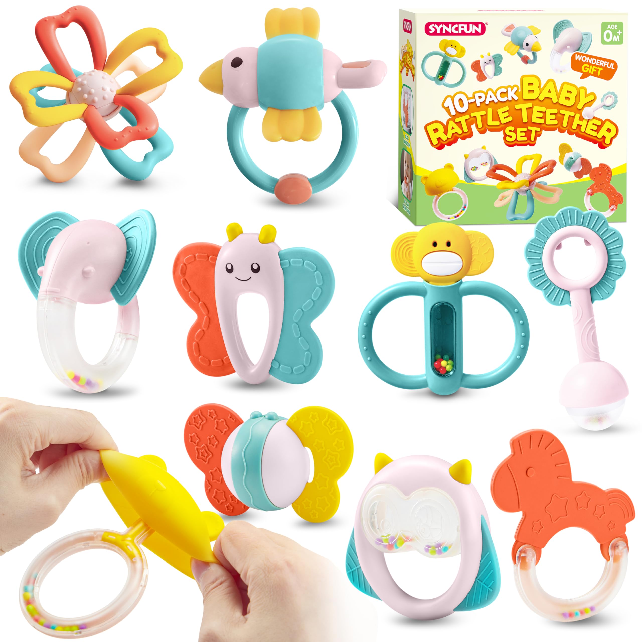 SYNCFUN Teething Toys for Baby, 10pcs Silicone Baby Teether Rattles Set, Sensory Animal Montessori Rings, Shaker Grab Toys, Gifts for Newborn 0-6 Months Infant Toddlers Boys & Girls