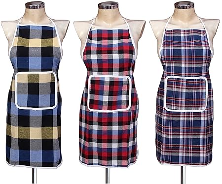 GLUN Waterproof Cotton Kitchen Apron with Front Pocket (Color May Vary) Set of 3