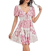 hibshaby Women's Floral Patchwork Dress V Neck Lace Layered Ruffle Flowy Babydoll Dress Puff Sleeve Tiered Mini Sundress