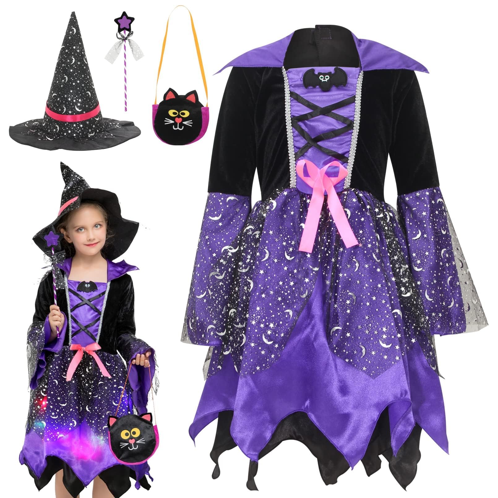 EOZY Halloween Witch Costume Kids Girls Light Up Witch Dress Children Witches Outfit Cosplay Fancy Dress with Hat,Candy Bag and Magic Wand