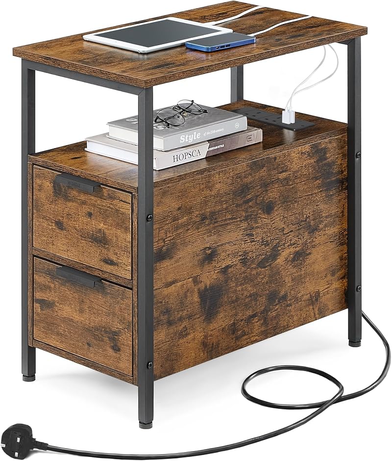 VASAGLE Slim Side Table with Charging Station Rustic Brown Black LET326B01