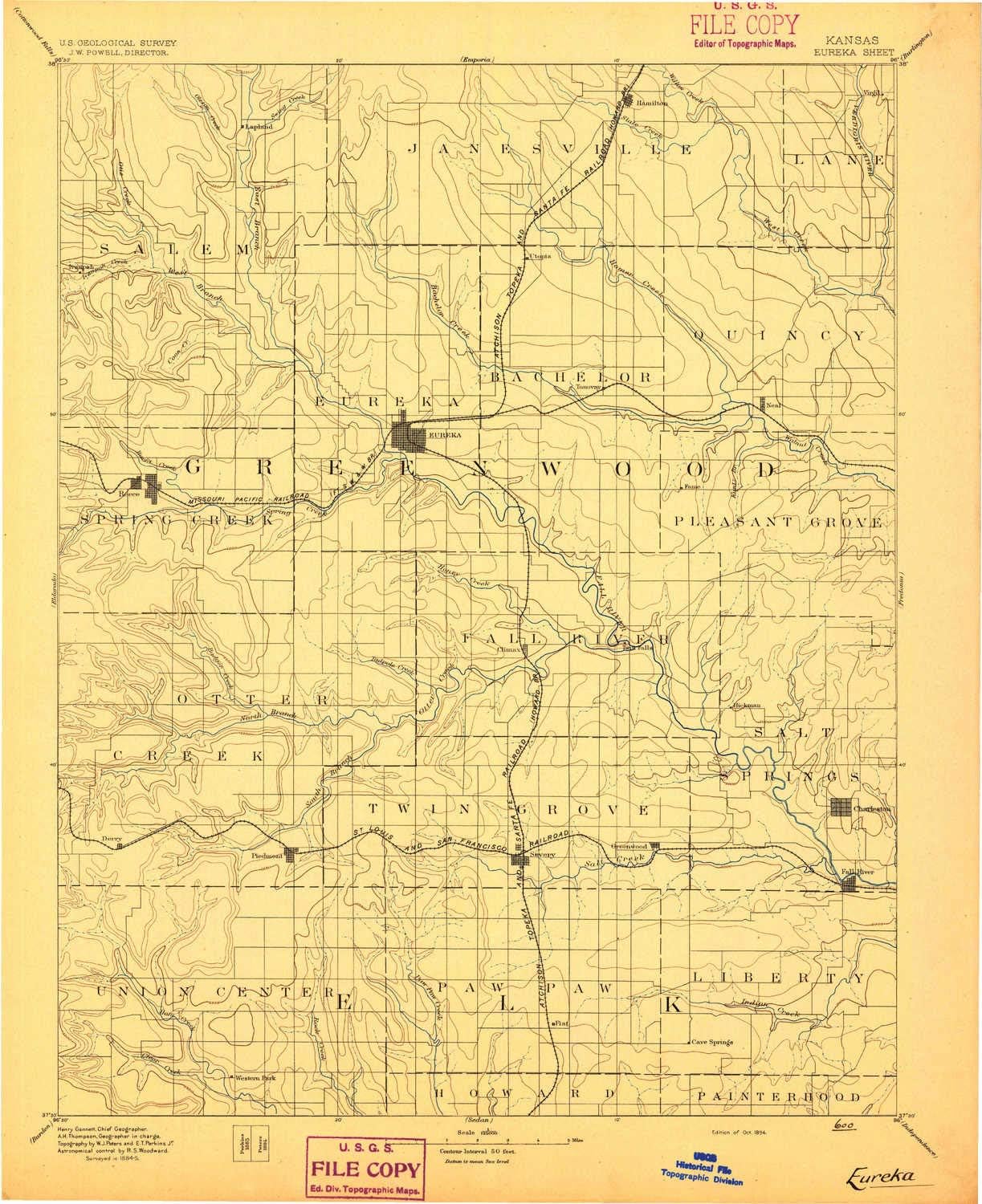 YellowMaps Eureka KS topo map, 1:125000 Scale, 30 X 30 Minute, Historical, 1894, 20 x 16.31 in