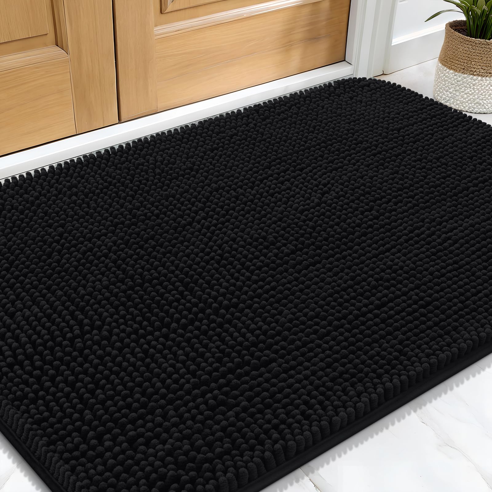 Photo 1 of OLANLY Dog Door Mat for Muddy Paws 34x21, Absorbs Moisture and Dirt, Absorbent Non-Slip Washable Doormat, Quick Dry Chenille Mud Mat for Dogs, Entry Indoor Entryway Carpet for Inside Floor, Black