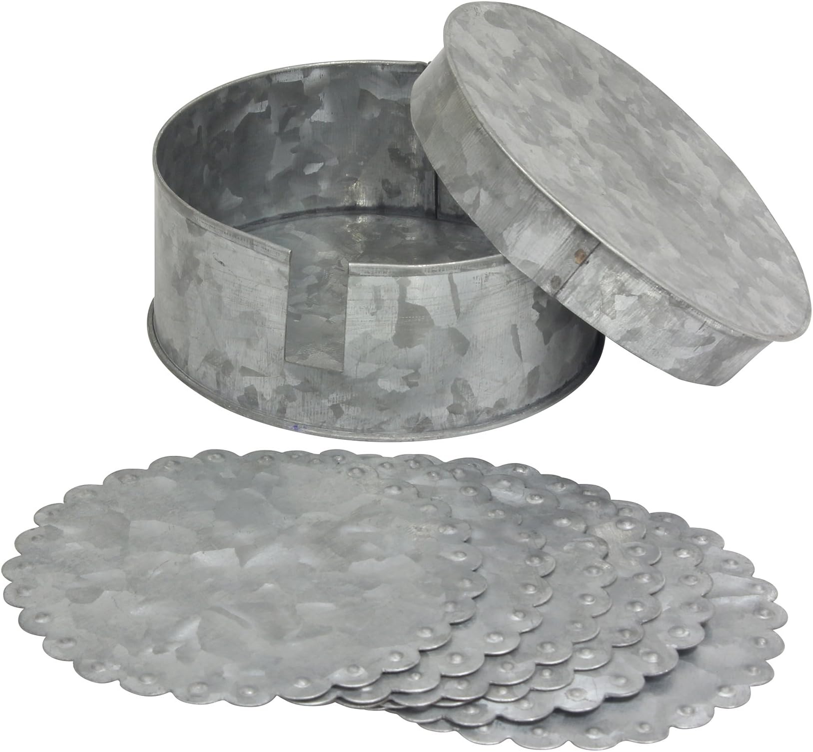 Stonebriar Farmhouse Set of 6 Round Coasters and Container, Silver