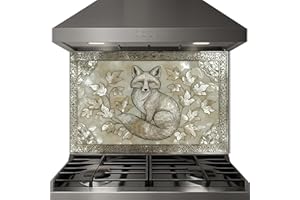 Tempered Glass Wall Decor, Premium Kitchen Backsplash Panel, Silver Fox and Autumn Leaves Art on Mother of Pearl Stone Design