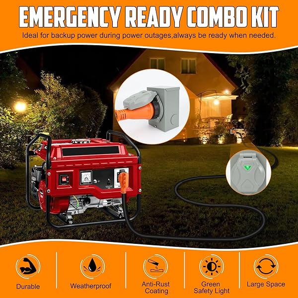 TIPHOPE 50AMP GENERATOR CORD 25FT AND POWER INLET BOX,125/250V,4 PRONG NEMA 14-50P TO SS2-50R GENERATOR CABLE WITH NEMA SS2-50P PRE-DRILLED GENERATOR INLET BOX FOR GENERATOR TO HOUSE,WATERPROOF