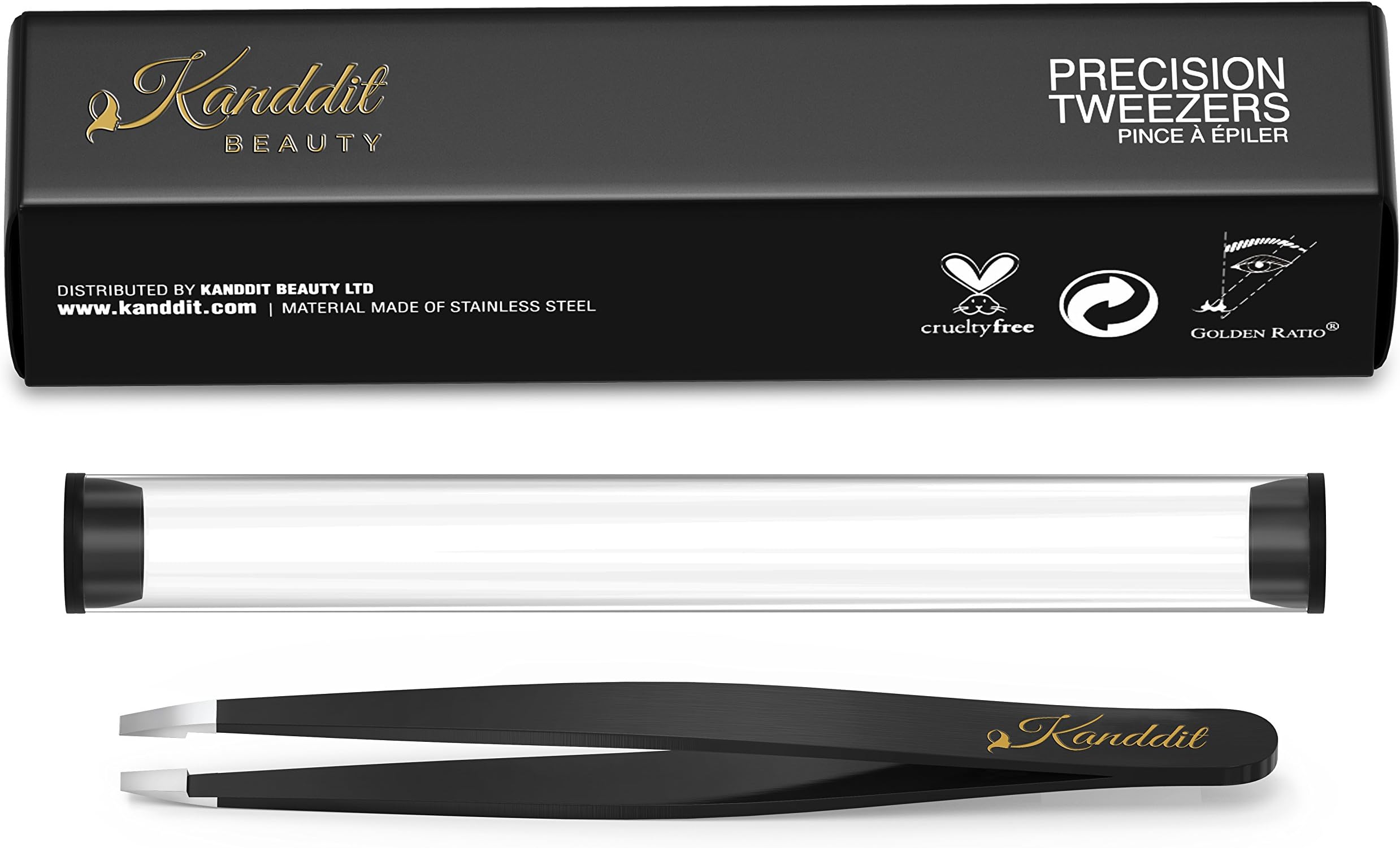 Kanddit Beauty™ Professional Beauty Eyebrow Tweezers Slanted Tip With Gift Box And Tip Protector (Black)