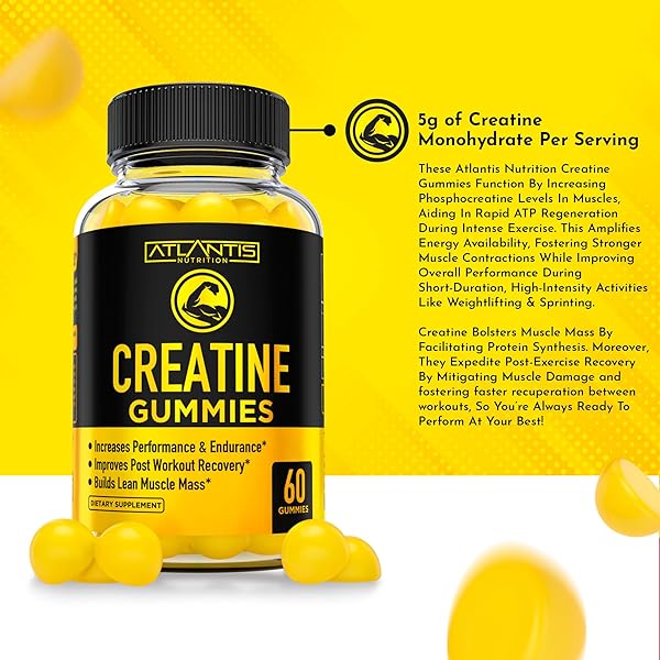 ATLANTIS NUTRITION CREATINE MONOHYDRATE GUMMIES FOR STRENGTH & ATHLETIC PERFORMANCE – 5G CREATINE PER SERVING – BUILD MUSCLE, BOOST PERFORMANCE & ENDURANCE & IMPROVE POST WORKOUT RECOVERY – 120 COUNT