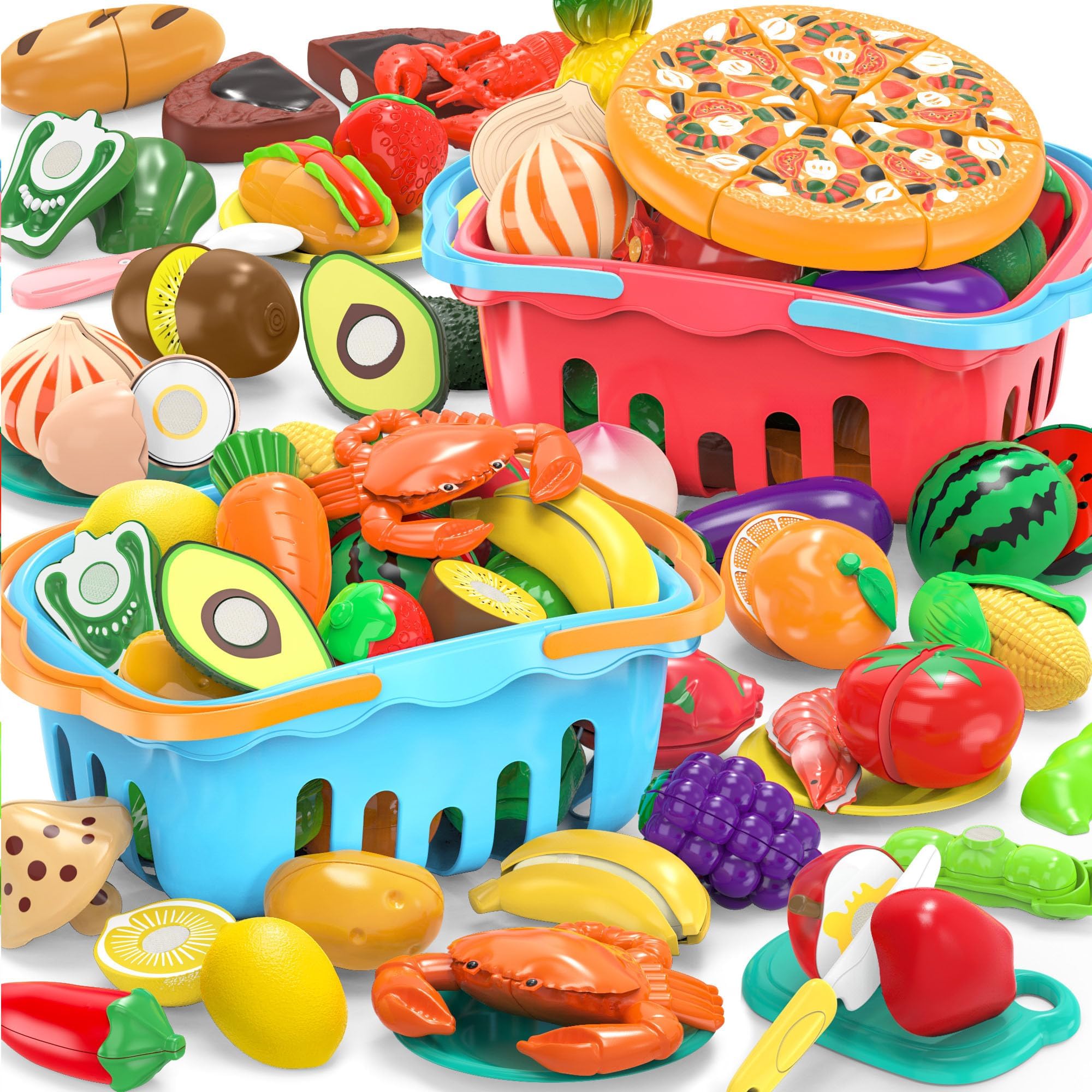 120 Pcs Cutting Play Food Toy for Multiple Kids with 2 Colors Storage Baskets, Kitchen Pretend Food Set for Toddler, Kitchen Toys Accessories, Fake Food/Fruit/Vegetable, Birthday Gifts for Boy Girl