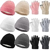 12 Pcs Women Beanie Hat Gloves Set Stain Lined Hats Fleece Hats Touchscreen Gloves Knit Mittens for Men Adult Cold Weather