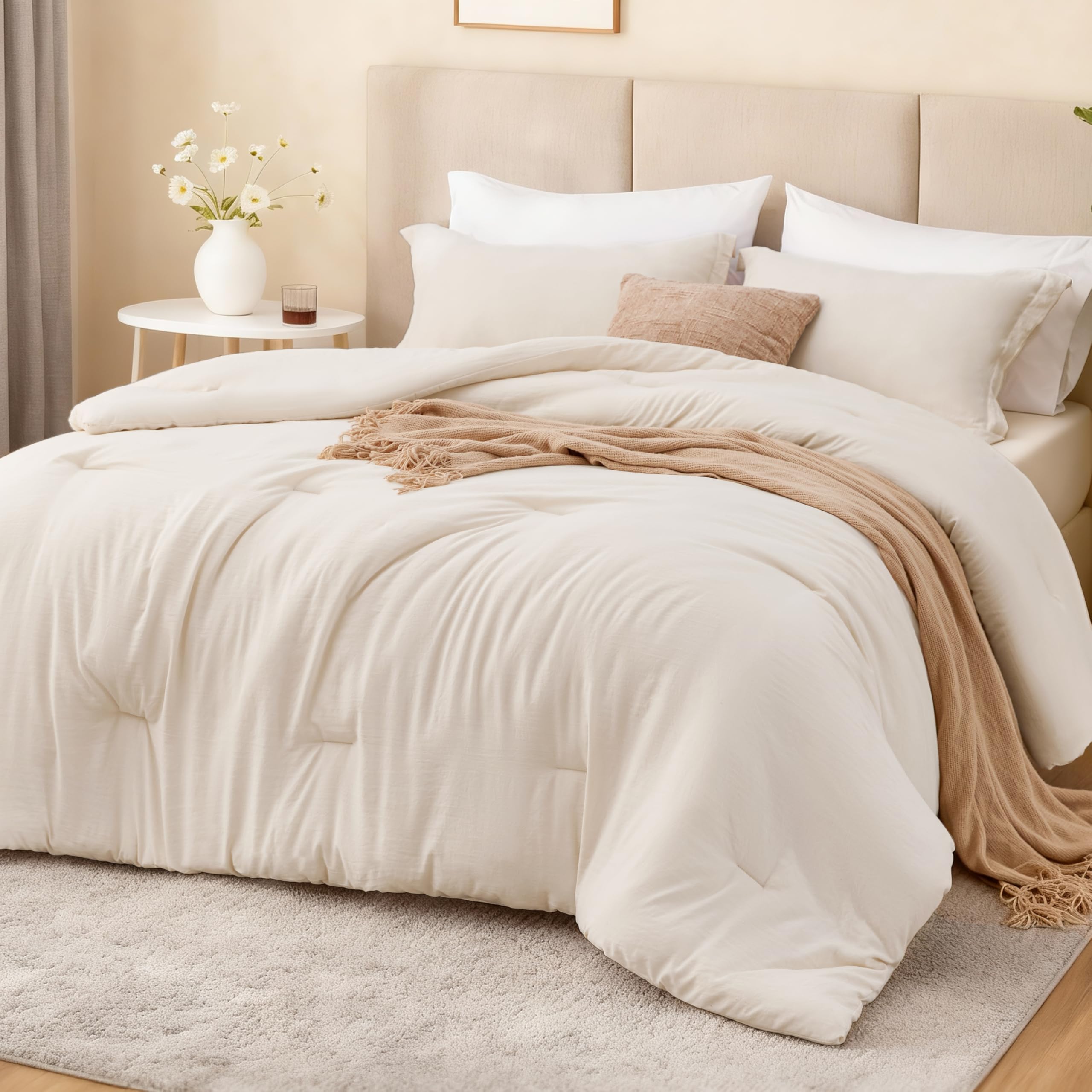 Photo 1 of Love's cabin Beige Queen Comforter Set, 3-Piece Prewashed Bed Set with 1 Comforter (90 x 90 in) & 2 Pillowcases, Lightweight & Breathable for All Seasons