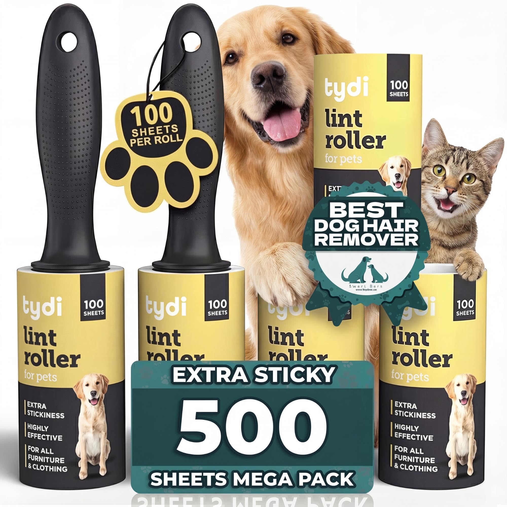 Tydi Pet Lint Rollers - 500 Sheets of Lint Roller Refills & 2 Handles - 100 Sheets per Sticky Clothes Roller - Lint Rollers for Pet Hair - Reusable Lint Roller for Clothes - Fluff Remover for Clothes