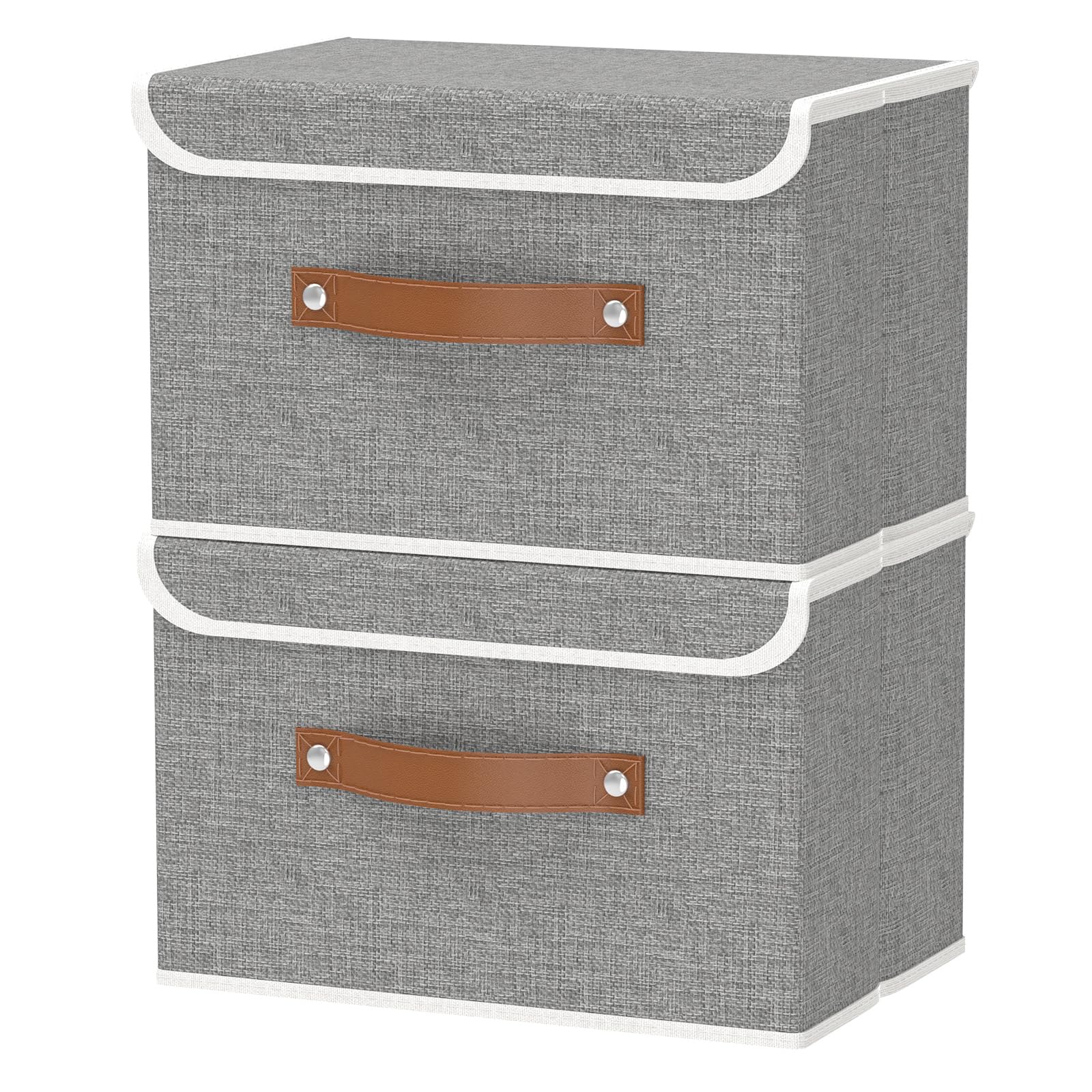 OUTBROS Collapsible Storage Box with Lid, Linen Fabric Clothing Shelf Basket Bins Box For Towels, Clothes 38x25x25 cm (Grey, 2-Pack)