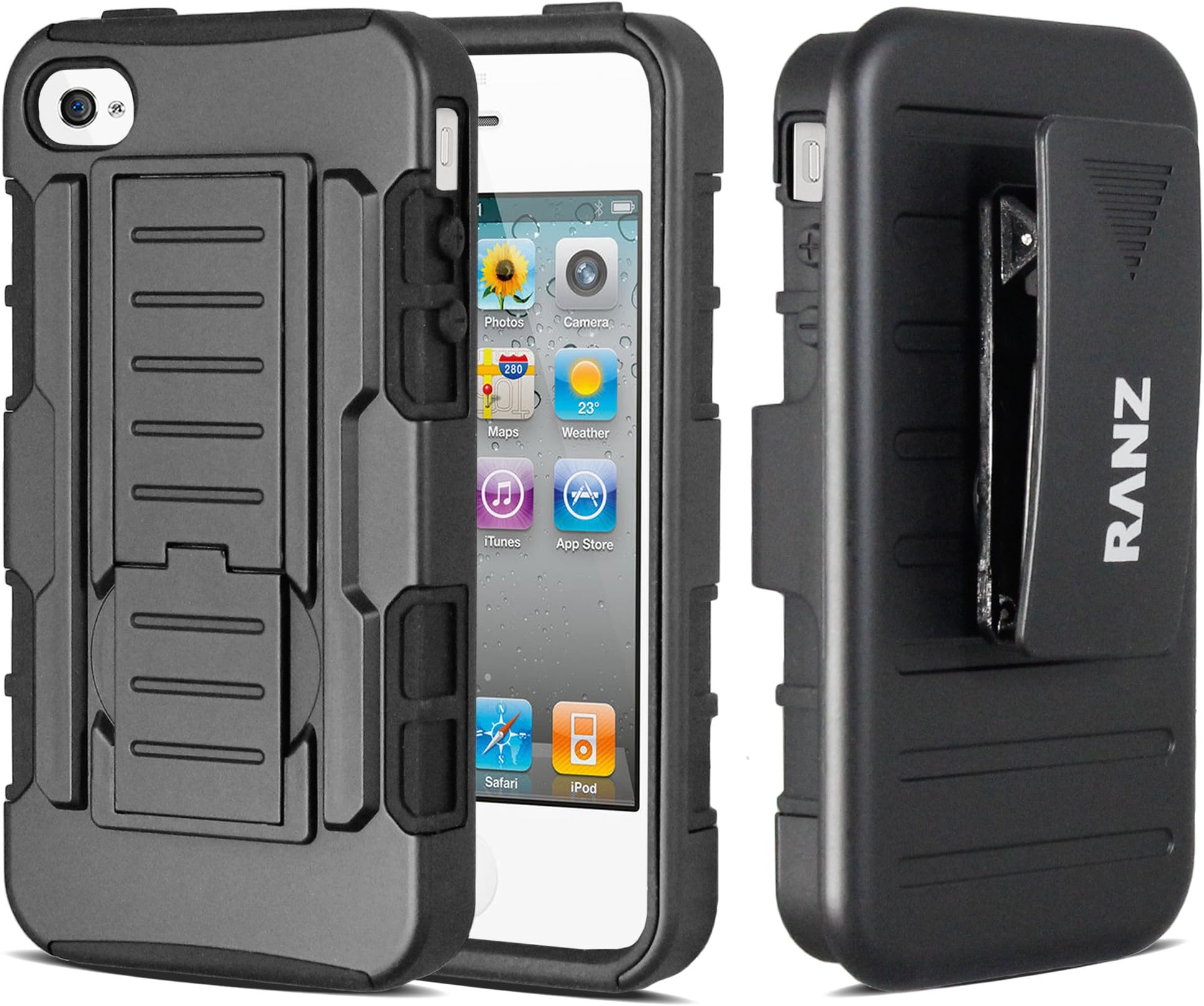 iPhone 4 Case, iPhone 4S Case, RANZ Apple iPhone 4 / 4S Black Rugged Impact Armor Hybrid Kickstand Cover with Belt Clip Holster Case + Touch Stylus