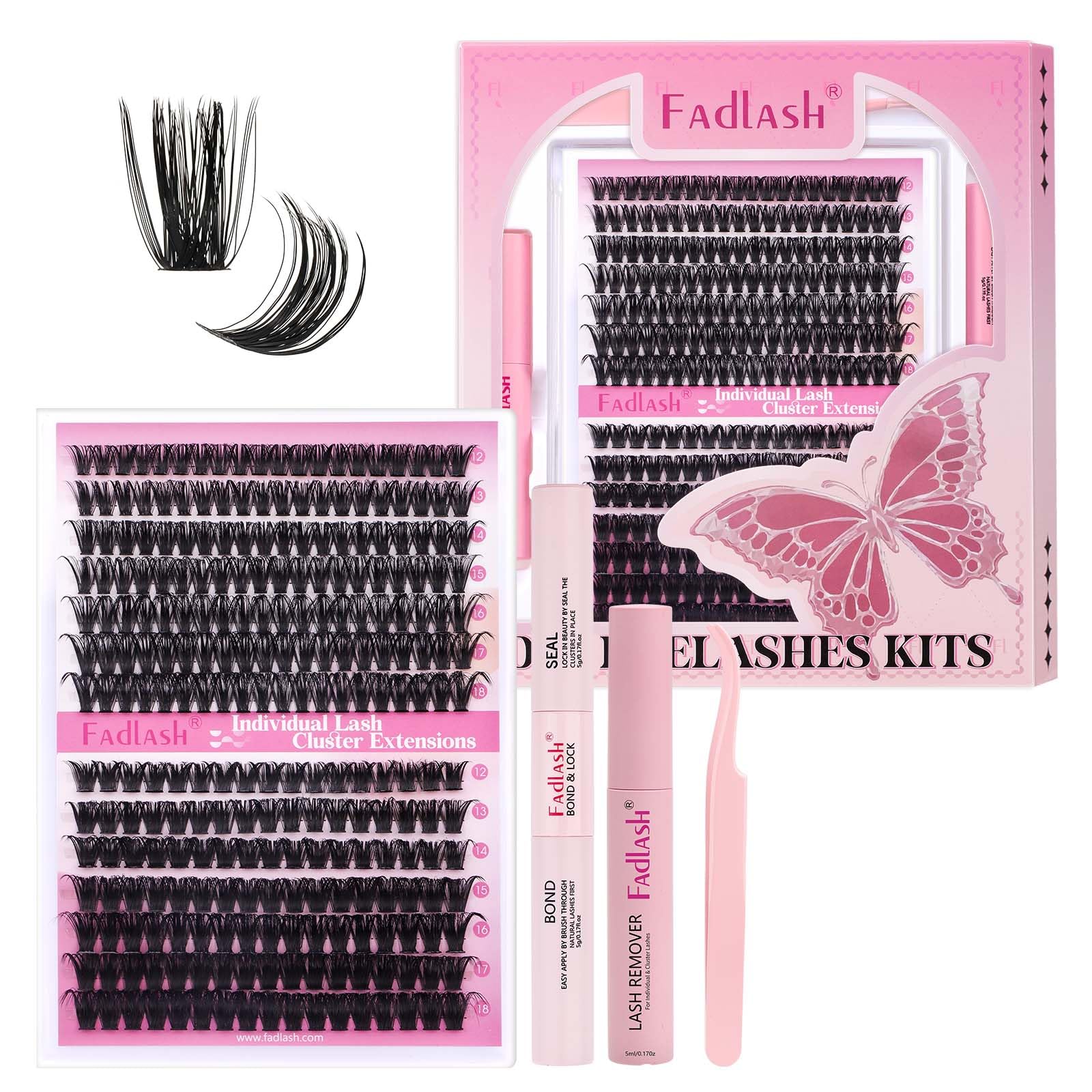 FADLASH 60D+80D 0.07mm D Curl 12-18mm with Bond and Seal, Remover and Tweezers Fluffy Wispy Cluster Lashes DIY Eyelash Extensions — image 1