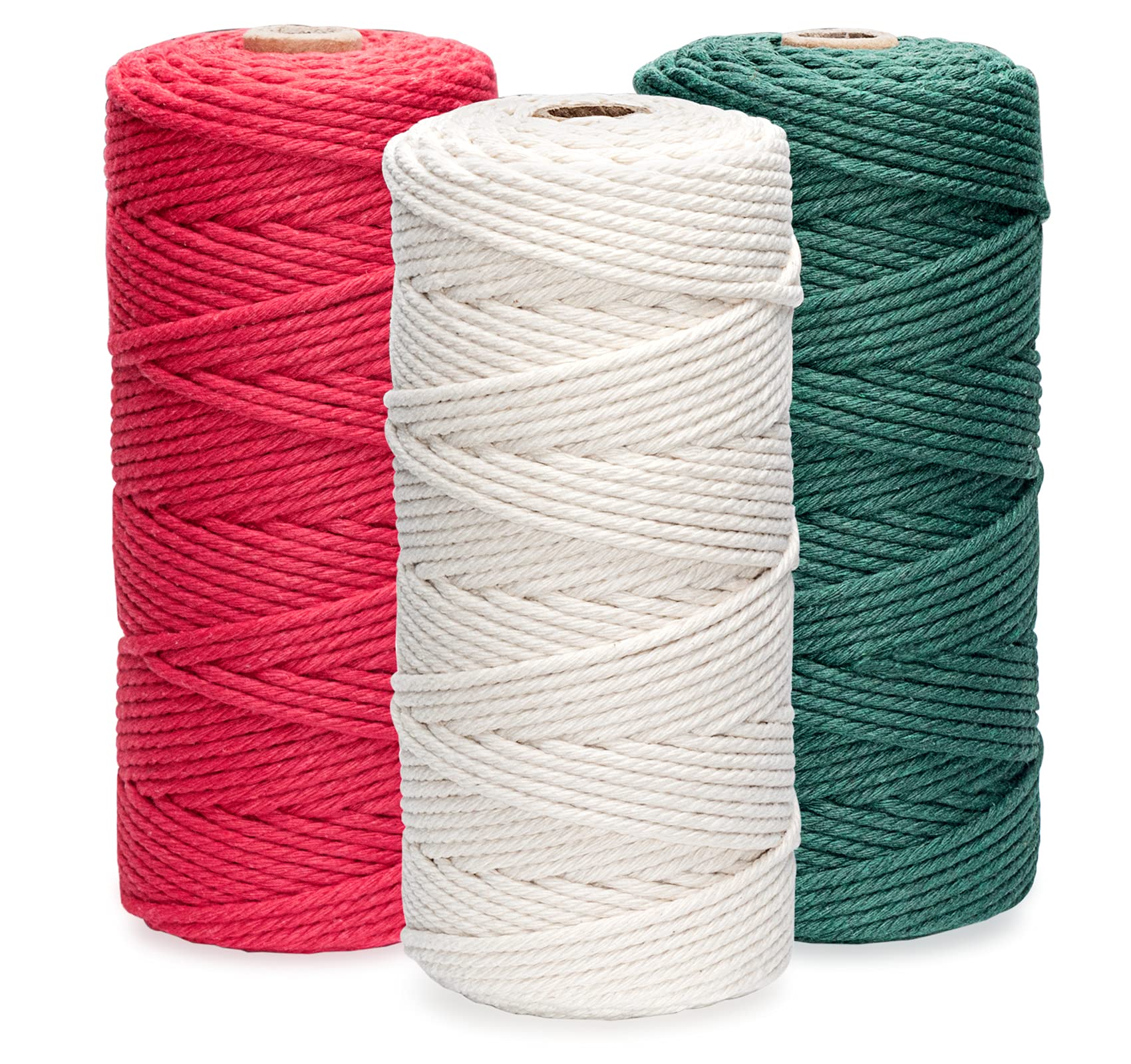 ilauke 3 Rolls Macrame Cord 3mm x 100m, Natural Macrame Cotton Cord DIY Craft Cord Cotton Rope for Wall Hanging, Plant Hangers, Crafts, Knitting, Decorative Projects (Red Beige Green)