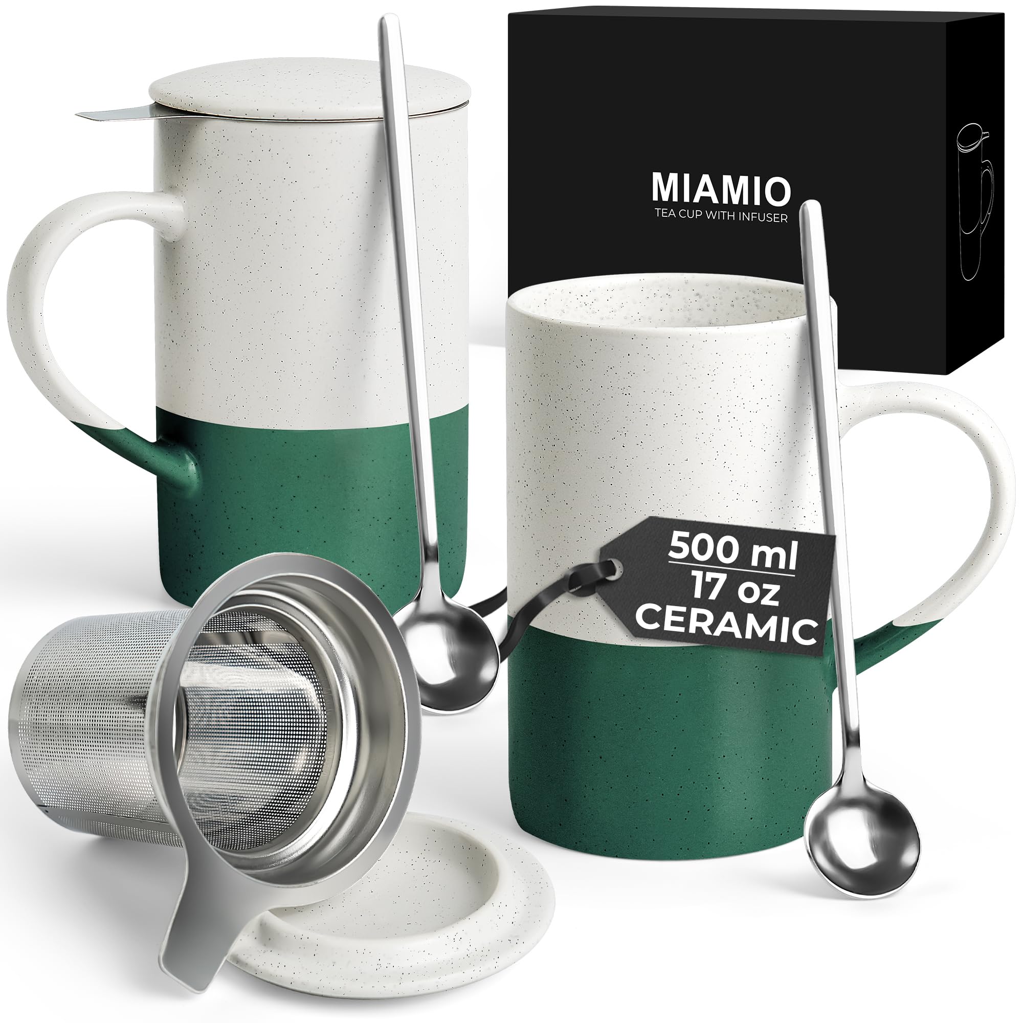 MIAMIO - Tea Cup Set 2 x 500 ml with Infuser and Lid/Ceramic Tea Mug with Infuser and Spoon for Steeping Loose Leaf Tea, Gifts for Tea Lovers - Microwave & Dishwasher Safe (Dark Green)