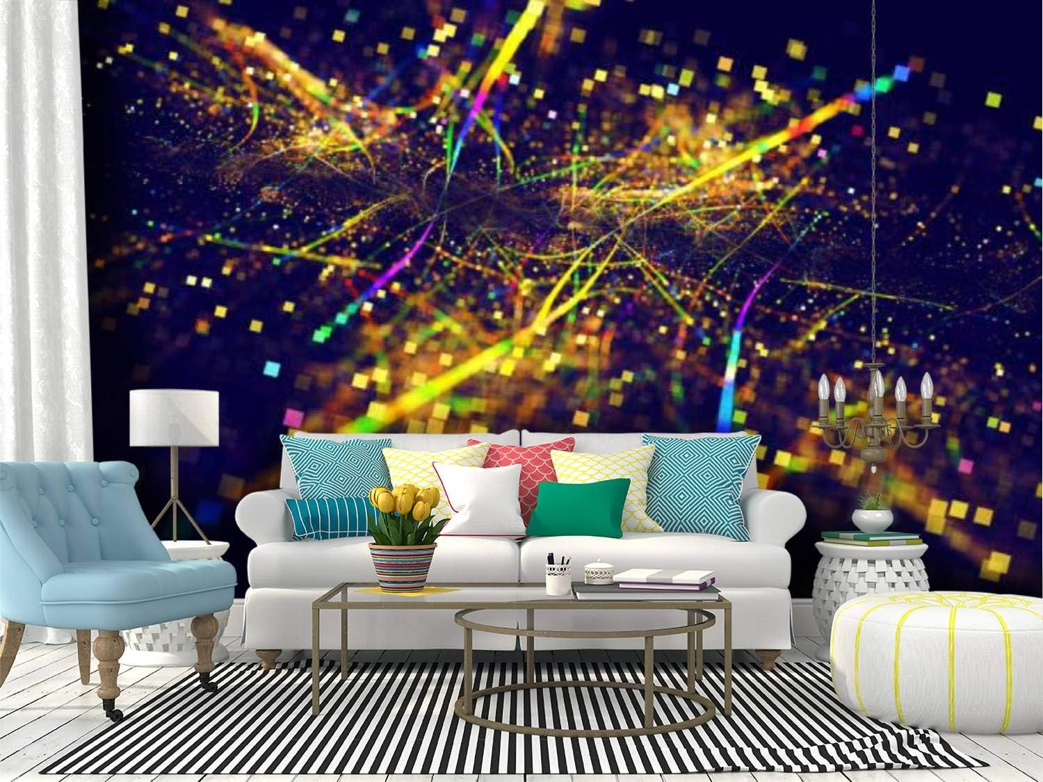 Kanworse Abstract Rainbow Colorful Squares Lines on Dark Blue Canvas Print Wallpaper Wall Mural Self Adhesive Peel & Stick Wallpaper Home Craft Wall Decal Wall Poster Sticker for Living Room