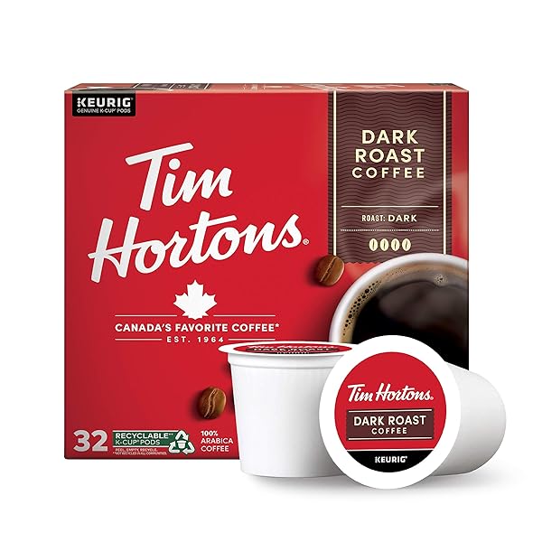 TIM HORTONS DARK ROAST COFFEE, SINGLE-SERVE K-CUP PODS COMPATIBLE WITH KEURIG BREWERS, 32CT K-CUPS,RED