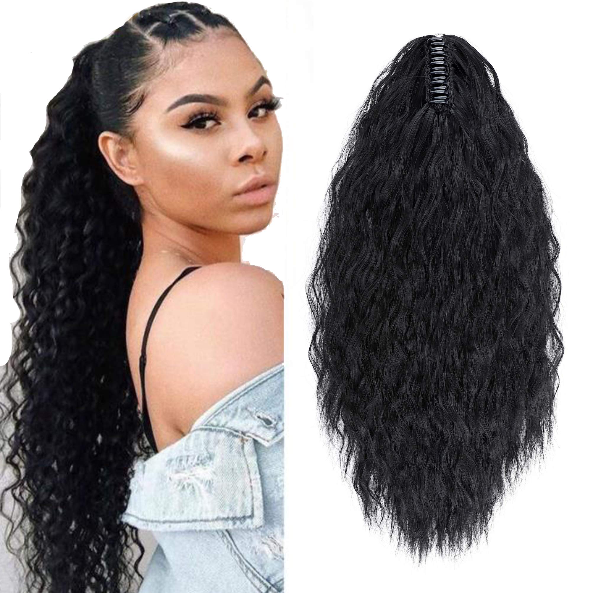 24inch Long Corn Curly Wave Ponytail Extension Synthetic Claw Ponytail Clip in Jaw Claw Hair Extensions Hairpieces for Women Dark Black