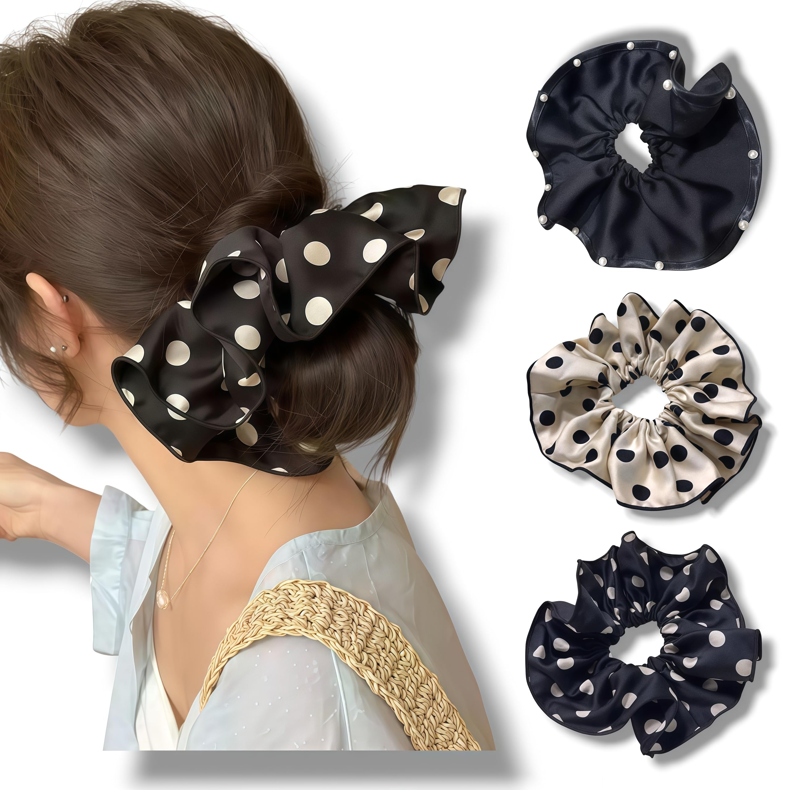3PCS Satin Hair Scrunchies For Women: Vintage Chic Accessories for 50s Outfits – Soft, No-Damage Silk Hair Ties Bands with Pearl and Polka Dot Designs