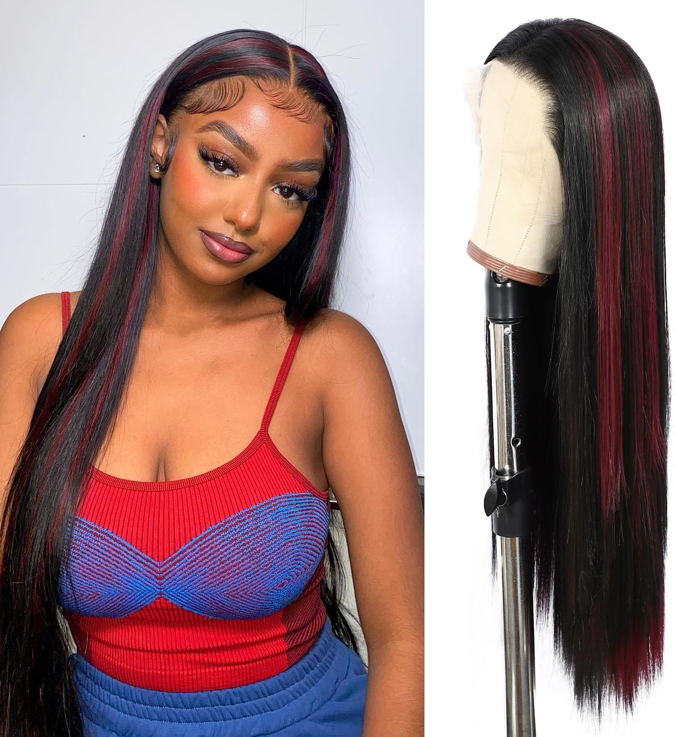 SOMIARIK 13x6 Black and Red Lace Front Straight Wigs Skunk Stripe Black Red Highlights Wig Bleached Knots Pre Plucked with Baby Hair Synthetic Wig 26 Inch