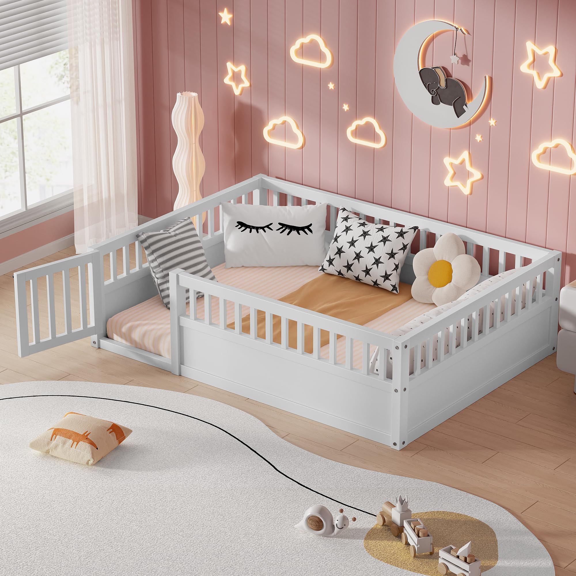 Photo 1 of *USED*
PVWIIK Full Size Floor Bed Frame with Convertible Door & Guardrails for Girls & Boys Bedroom,Montessori Bed/Near Ground Safety Design, No Box Spring Needed,White