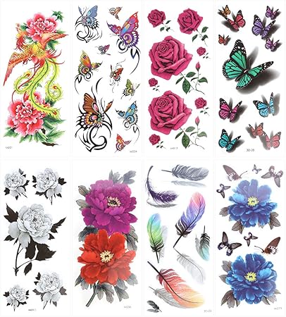 Amazon Co Jp Rosenice 刺青シール 花 羽 蝶 フェニックス 3d タトゥーシール 8枚入り ビューティー