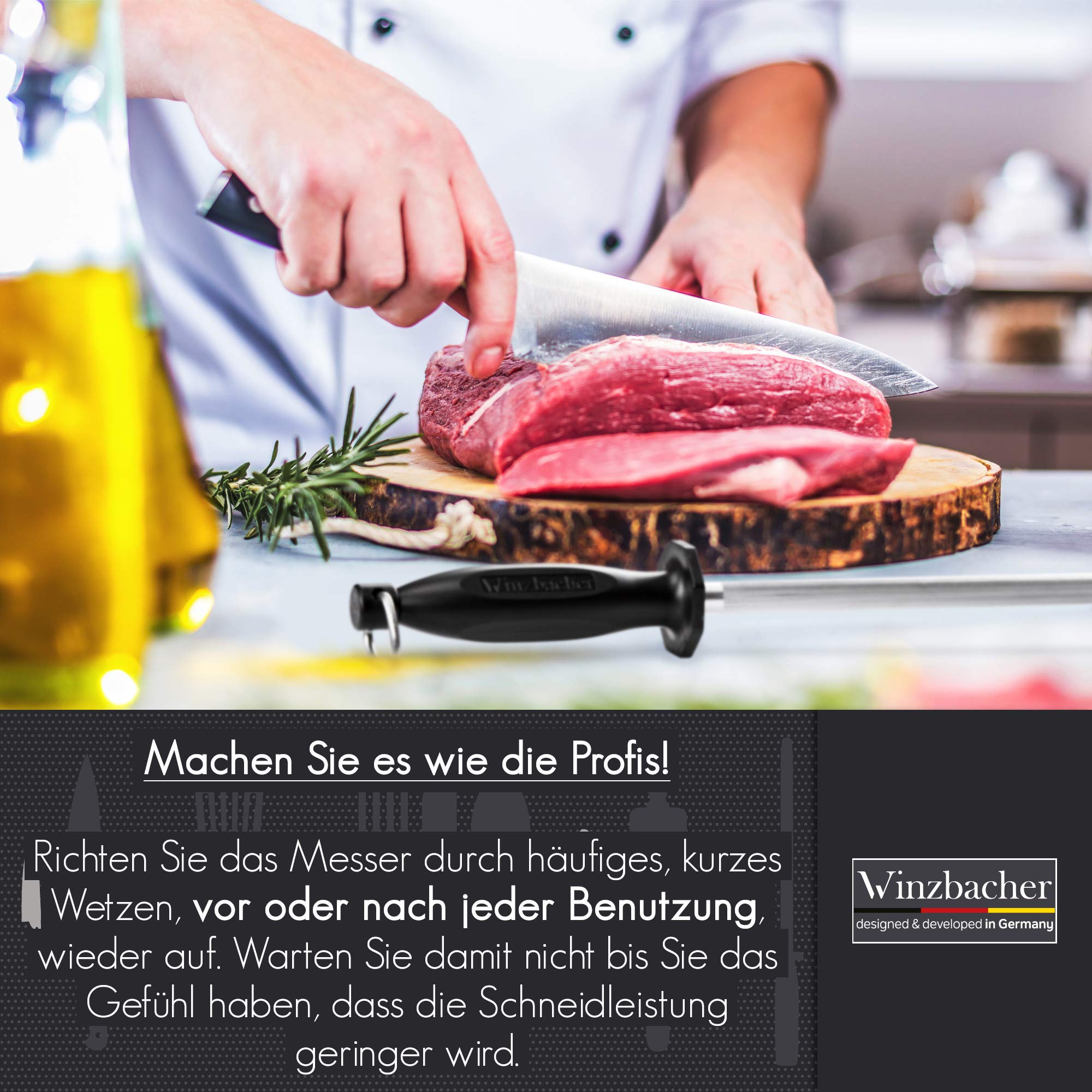 Winzbacher Wetzstahl [39cm] Profi Messerschärfer – aus gehärtetem Spezialstahl | Messerschaerfer Messerschleifer | ergonomisch geformter Soft-Touch Griff mit Fingerschutz 5