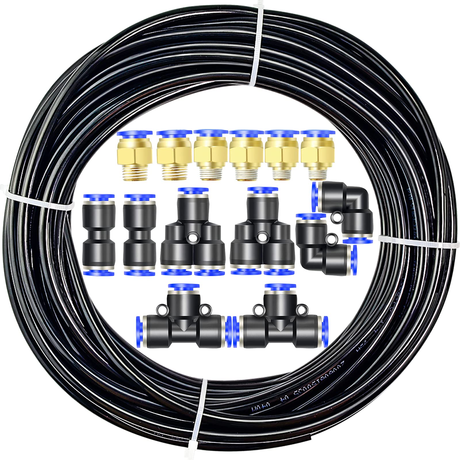 ERGAOBOY Polyurethane PU Air Hose Pipe Tube Kit, 4mm OD x 2.5mm ID with 14 Connector Kits (Black, 10M)