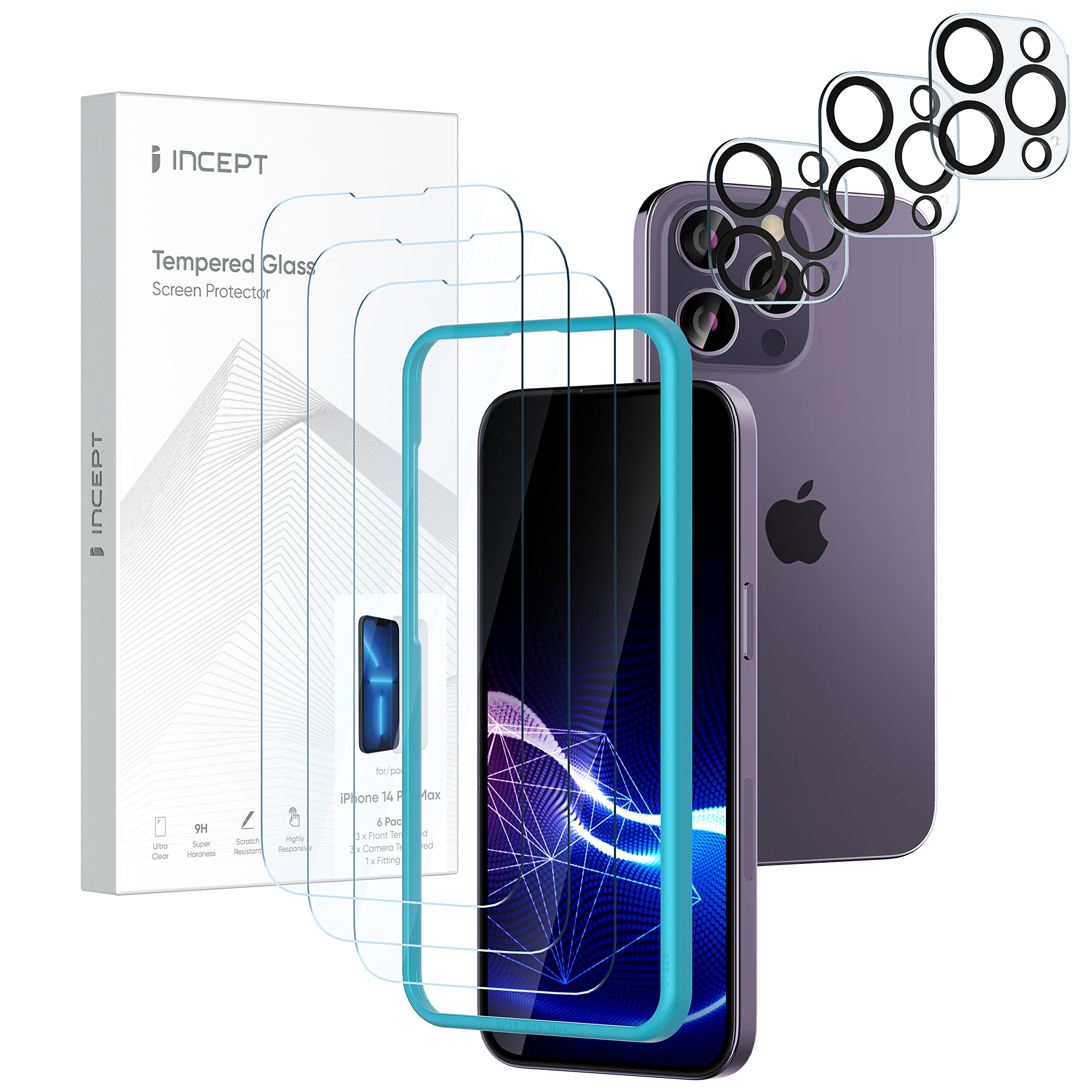 Incept 3 Pack of Tempered Glass and 3 Camera Lens for iPhone 14