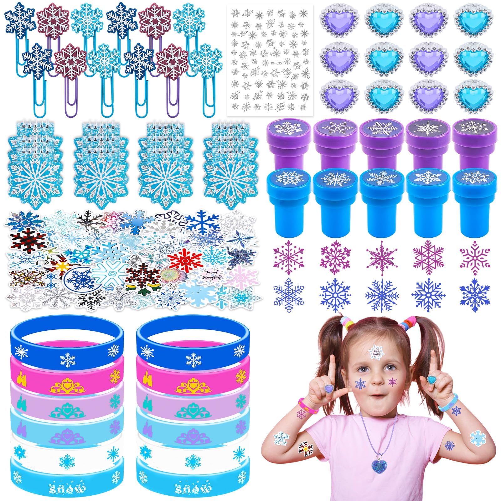 Froze Party Bag Fillers Girls Kids Princess Party Favours- Snowflake Themed Goodie Party Bags Stickers Notebook Set Stamper Silicone Wristband Ring for Pinata Fillers Toy Birthday Gift Party Supplies