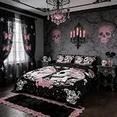 Skull Skull Bedding Set Full Size Pink Butterfly Mushroom Comforter Set Starry Galaxy Moon Quilted Duvet 3pcs for Kids Teens Girls Boys Bedroom Decor Wild Animals Plants Bedspread,2 Pillowcases