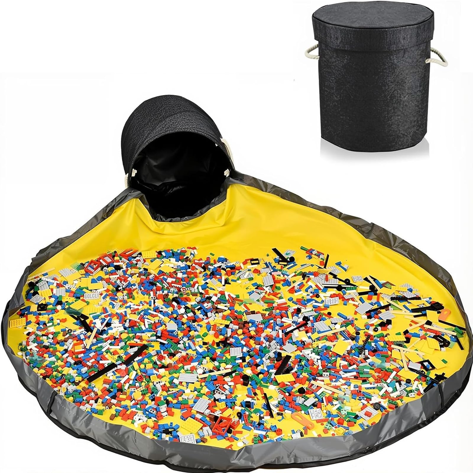 JOLY FANG Toy Storage Basket Kids Play Mat, Foldable Slide Away Toy Organizer Bag with Play mat, Outdoor Toy Quick Storage Bag with Drawstrings & Handles (Black)