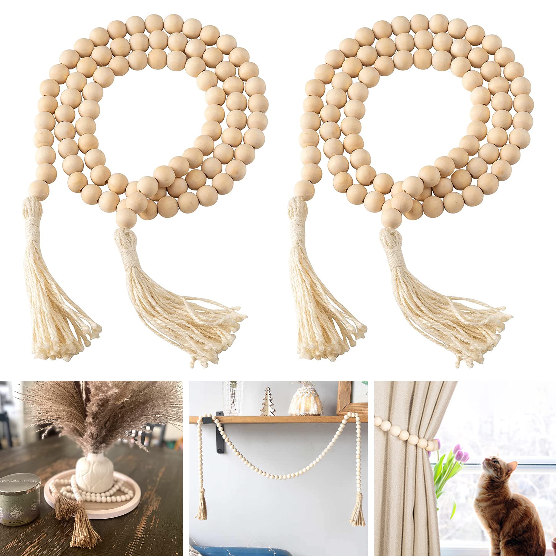 Photo 1 of DECORKEY Farmhouse Wood Beads Garland, 2 Pack 58 Inch Wooden Beads for Boho Home Decor with Tassels, Rustic Country Decor for Coffee Table, Wall, Shelf, Tray, Vase, Living Room, Bedroom