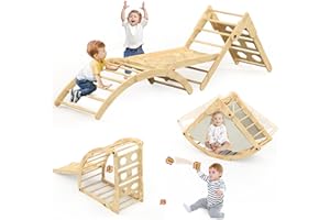 ACENOVA Pikler Triangle Set, Rocking Montessori Climbing Toys Set with Play Tent for Toddlers, Multifunctional Toddler Climbing Toys Set with Bean Bag Toss Game Feature, Indoor Playground Jungle Gym for Kids