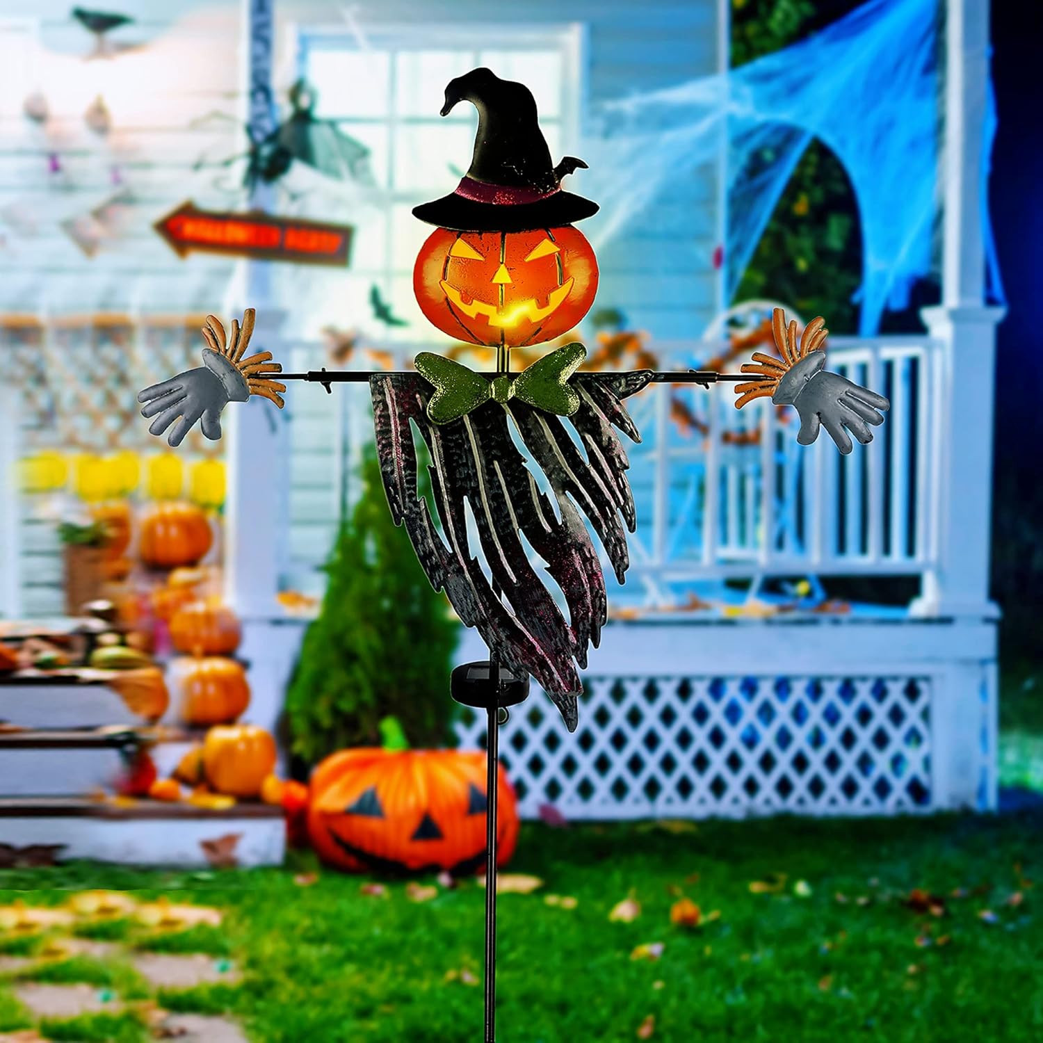 Decorative Garden Stakes - Juegoal 46 Inch Solar Halloween Decorations Yard Stake, Solar Powered Outdoor Lighted Metal Pumpkin Scarecrow Stake, Light Up Pumpkin Lantern Yard Sign for Autumn Haunted House Figurine Party Decor