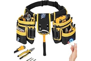 RJUP Tool Belt, 26-Pocket Heavy Duty Yellow and Black Tool Belt with Detachable Tool Pouch, Adjustable Belt, Utility Belt for