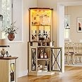 YITAHOME Corner Bar Cabinet with LED Lights, 72" Tall Farmhouse Wine Bar Cabinet w/Visualization Glass Door & Adjustable Shelves, Home Bar w/Wine and Glass Rack for Dining Room, White Walnut Grain