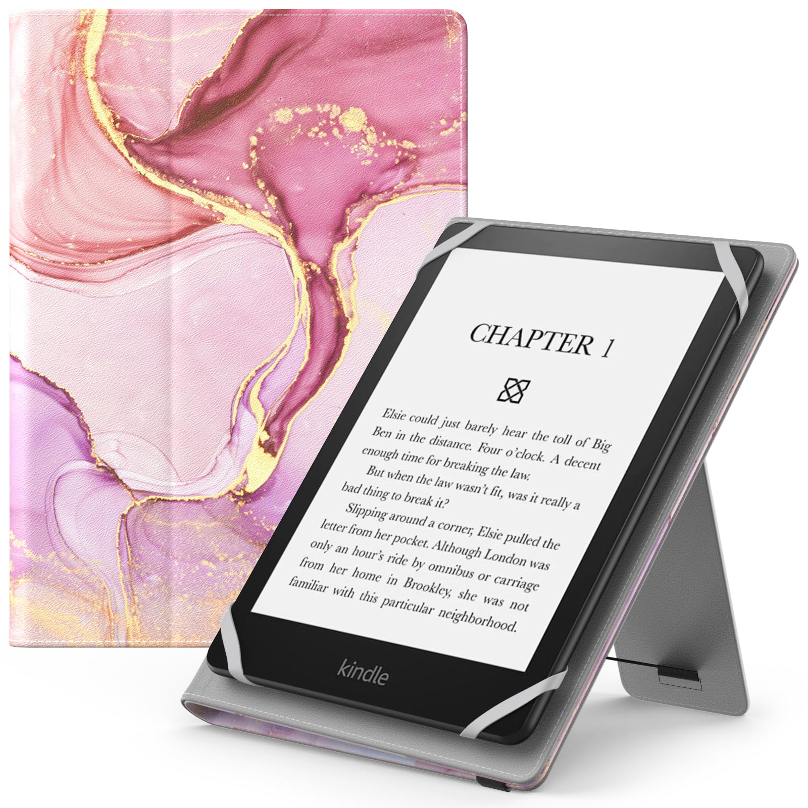 MoKo Universal Case for 6",7" eReaders Fire Kindle/Kobo/Voyaga/Lenovo/Sony E-Book, Folio Shell Cover, Lightweight PU Leather Case with Hand Strap/Kickstand, Light Pink Gold Marbl — image 1