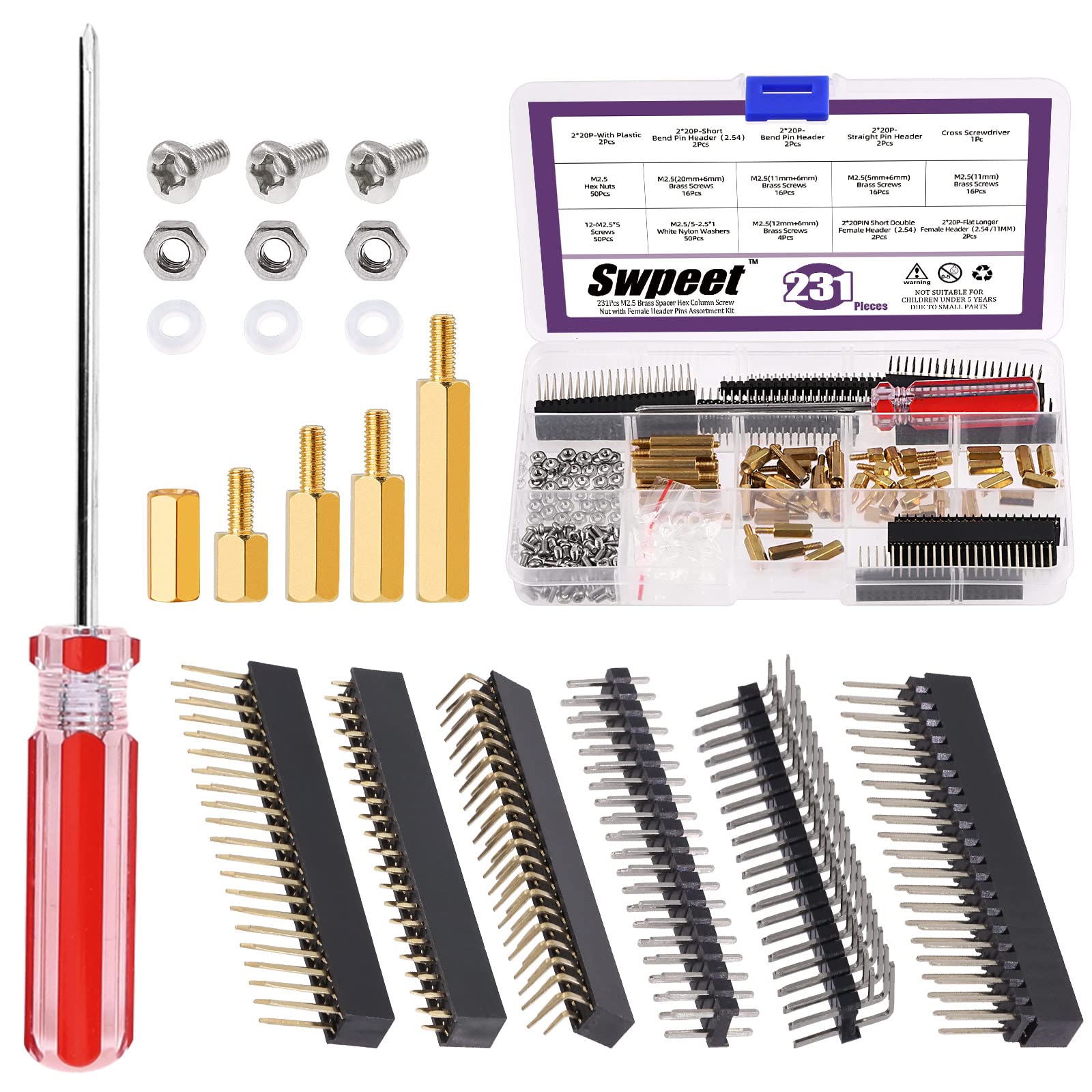 Swpeet 231Pcs 2x20 40 Pin Stacking Female Header with Standoffs M2.5 Brass Spacer Hex Column Screw Nut Assortment Kit, Male-Female for Raspberry Pi 4B/3B+/3B/2B/B+/A+/Zero/Zero