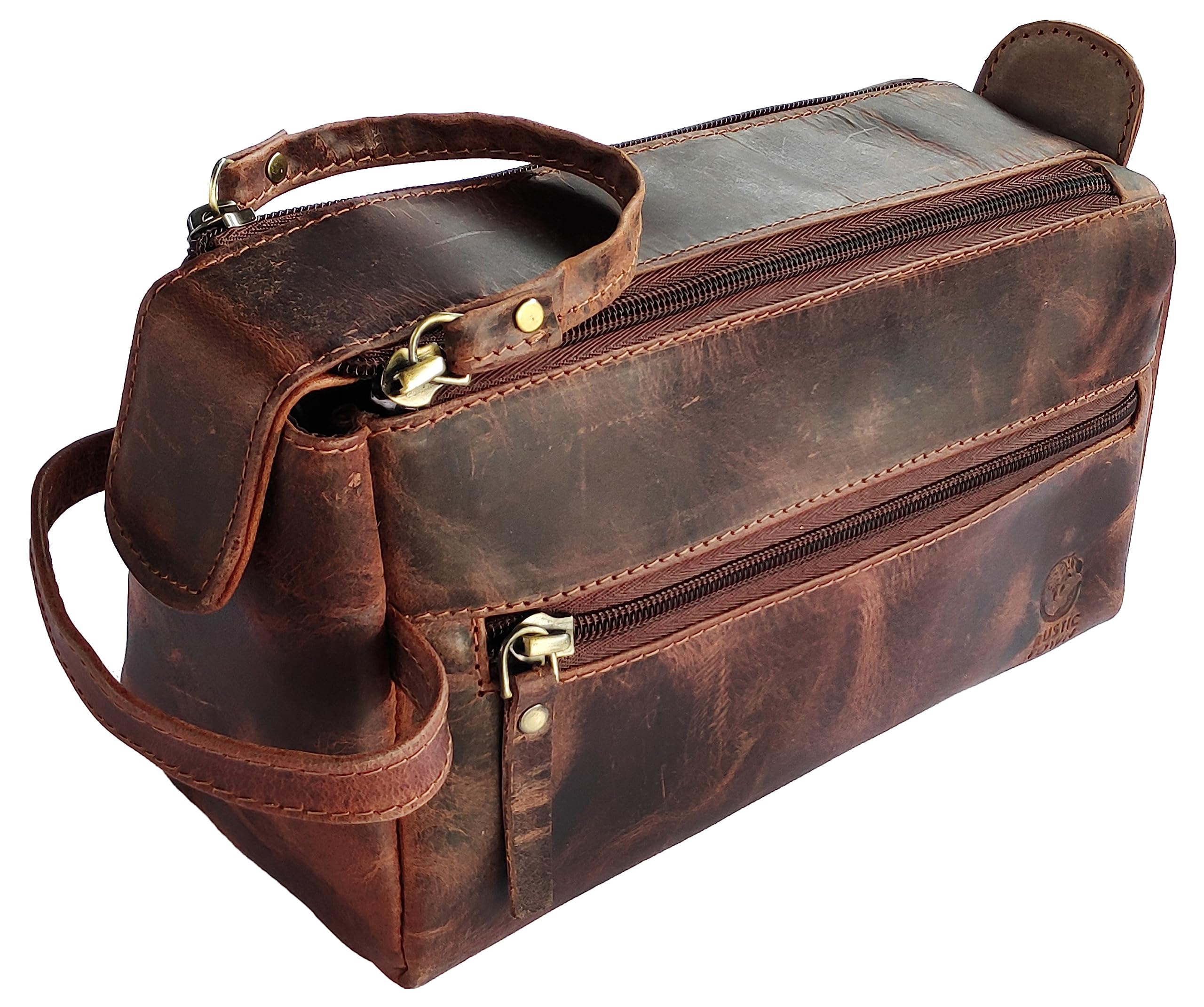 RUSTIC TOWN Buffalo Leather Toiletry Bag : Vintage Travel Shaving & Ditty Kit : for Toiletries, Cosmetics & More : Spacious Interior & Waterproof Lining : Compact, Fits Easily in Luggage