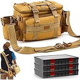 Locmeo Fishing Tackle Bag with 3 Adjustable Tackle Trays Boxes Saltwater Freshwater Resistant Fishing Gear Lures Storage Bag W Outdoor Pack Organizer, Padded Shoulder Strap