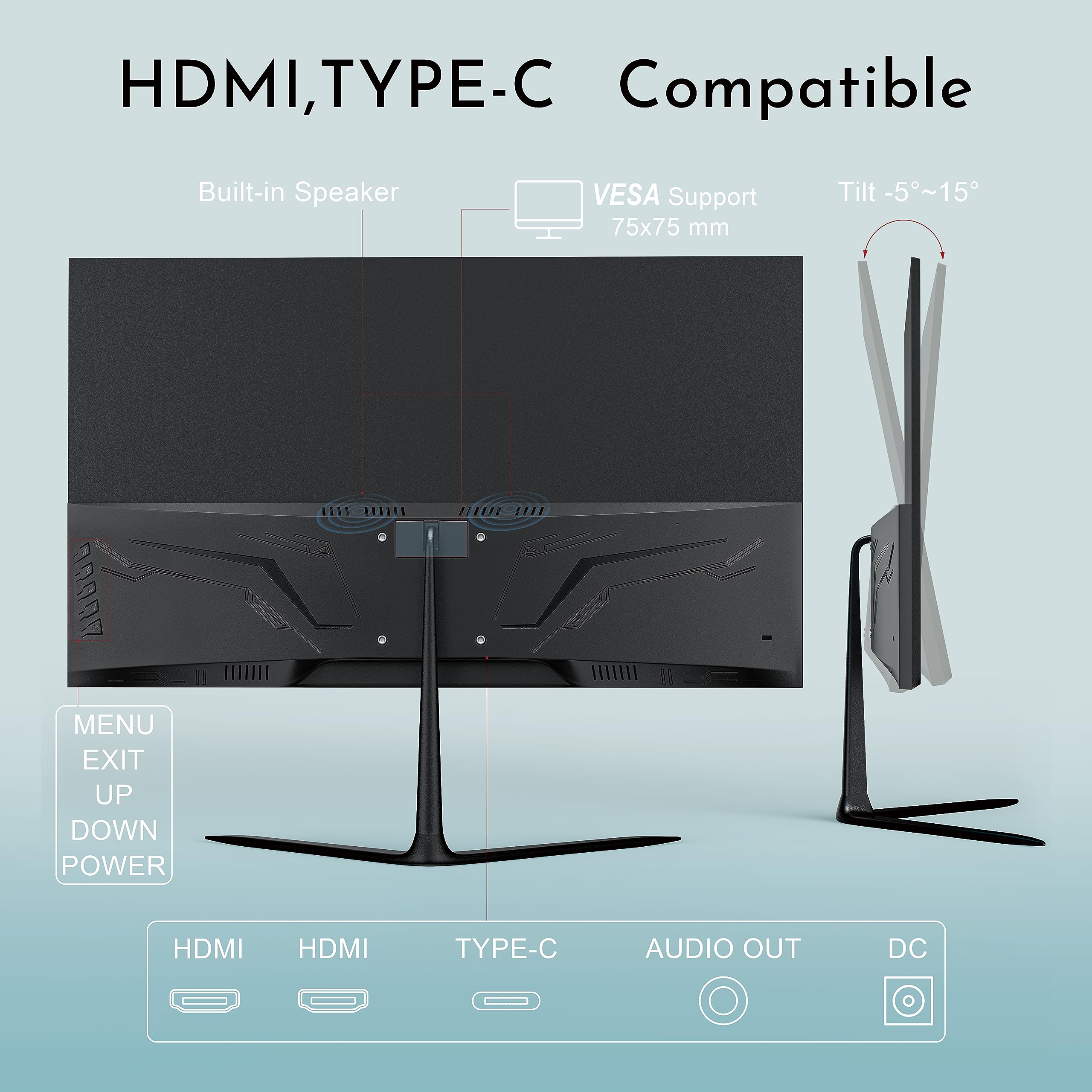 GreBear 24 Inch Computer Monitor, FHD 1080p PC Monitor 75hz Built in Speakers, 99% sRGB Low Blue Light Anti-Glare VA Screen Desktop Display w/HDMI/USB Type-C/Freesync Tilt Adjustable 75 x 75 mm VESA