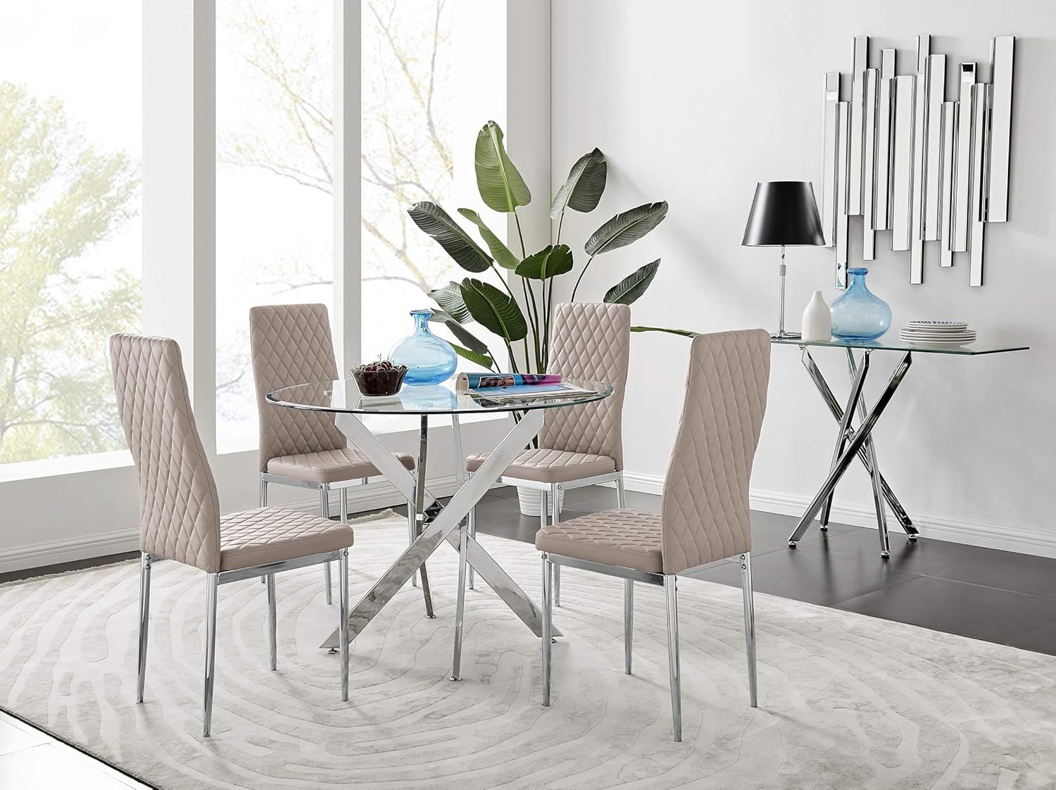 Furniturebox UK Novara Modern Round Chrome Metal And Clear Glass Dining Table And 4 Stylish Milan Dining Chairs Set Dining Table 4 Cappuccino Grey Milan Chairs Amazoncouk Kitchen Home
