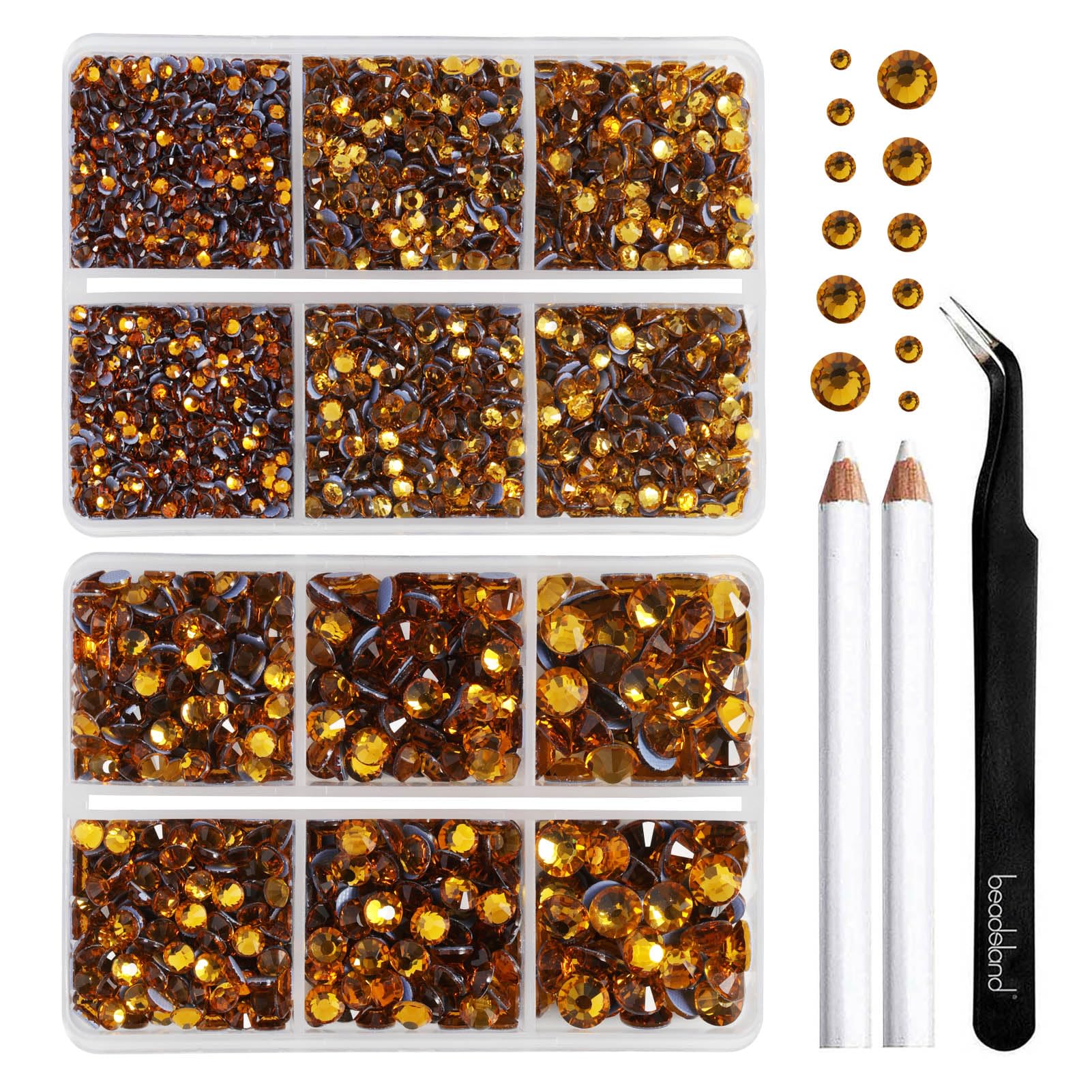 BEADSLAND Hotfix Rhinestones,6080PCS Topaz Rhinestones for Clothes Crafts Mixed 6 Sizes with Wax Pencil and Tweezers Kit,SS6-SS30,Topaz